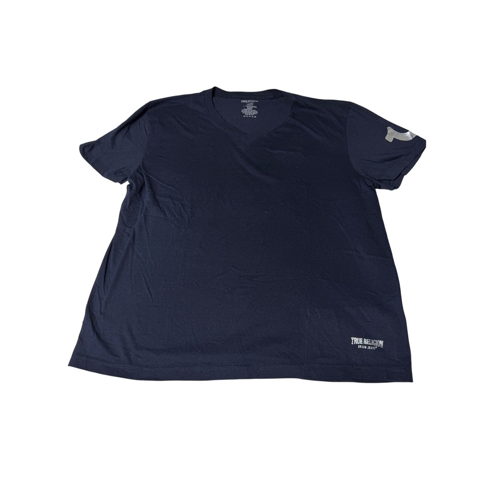 True Religion V-Neck Tee Mens Large Navy Blue Excellent Metallic Sleeve Logo
